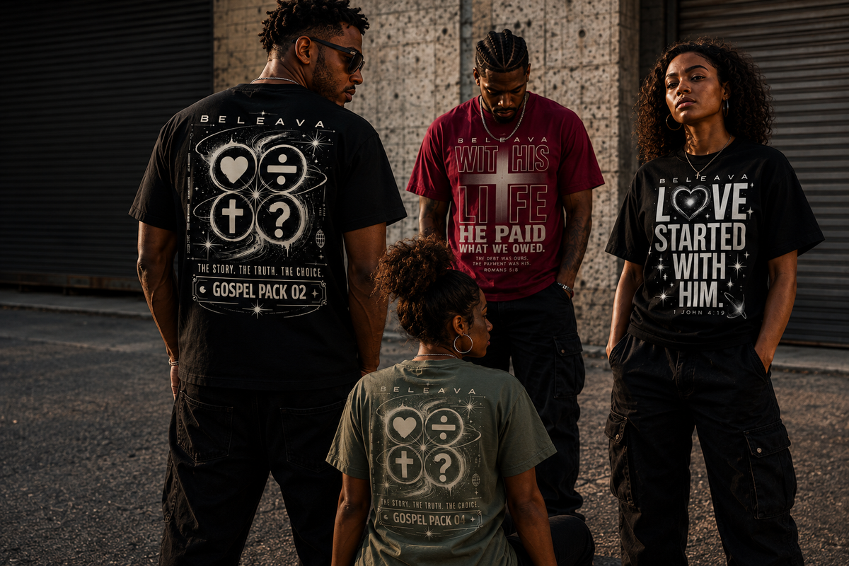 Models wearing the BELEAVA Gospel Pack in an urban setting